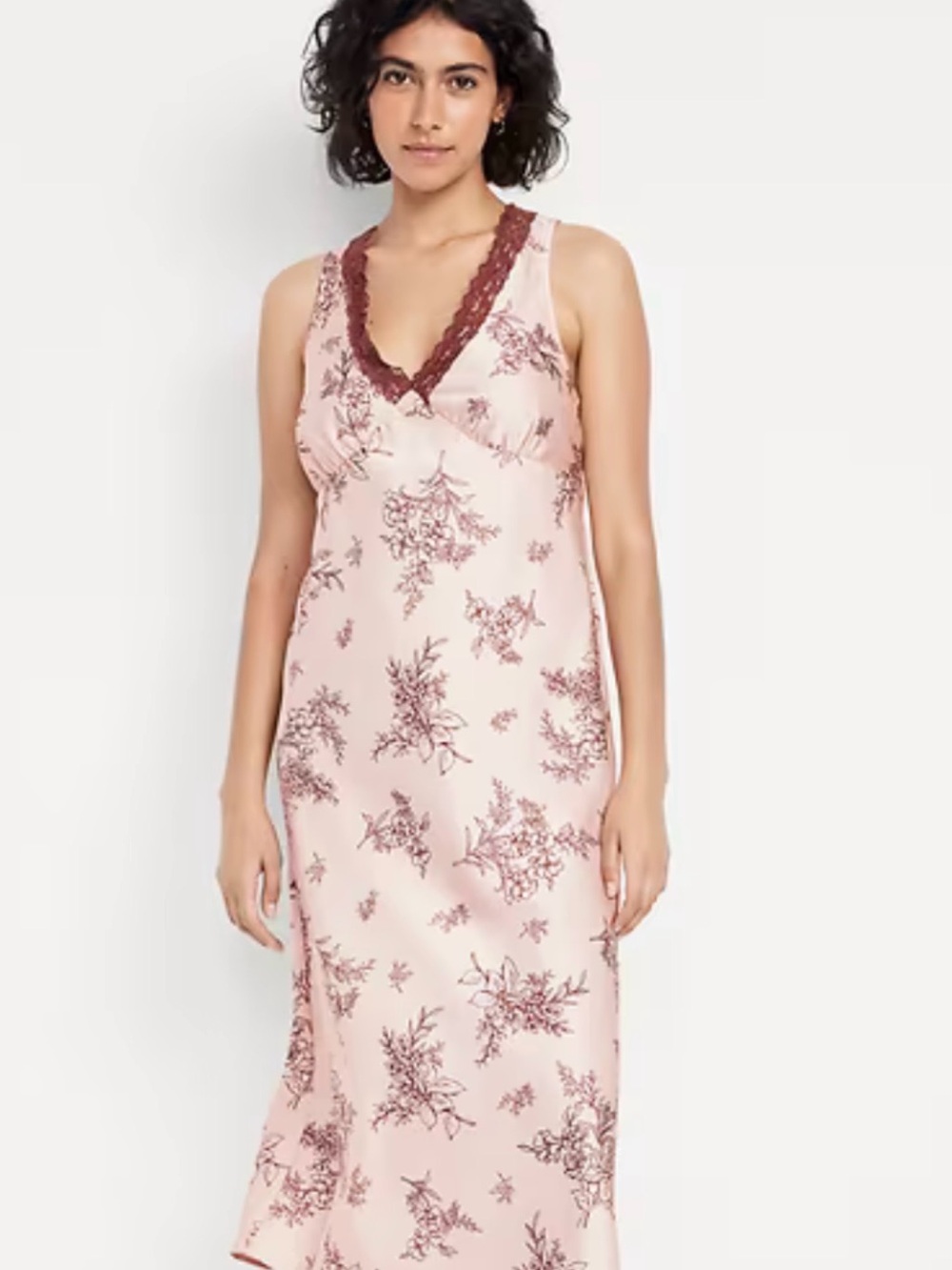 Old Navy Beige Slip Dress with Brown Floral Lace Trim